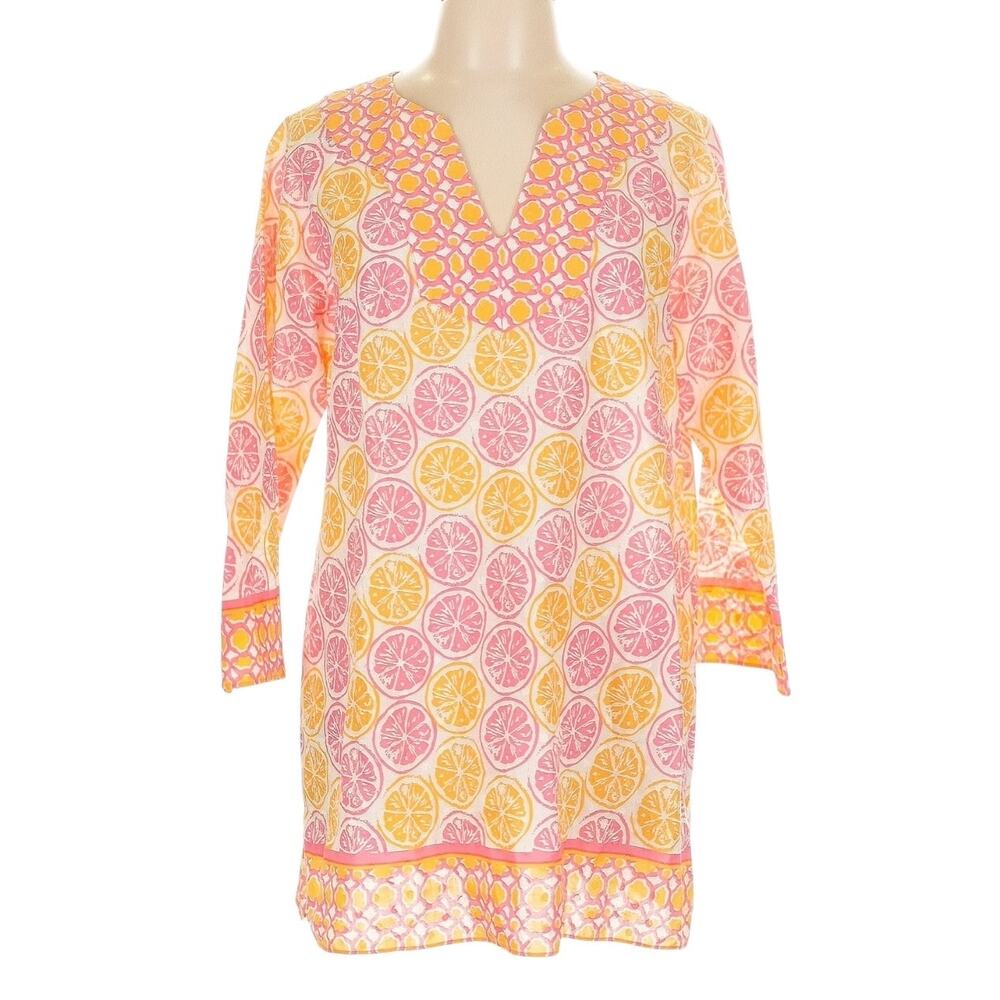 Vineyard Vines Pink and Orange Citrus Print Coverup Tunic 3/4 Sleeves Size Large